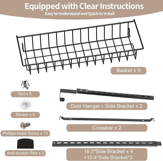 ElegantArray 9-Tier Pantry Door Organizer, Black | Over The Door Pantry Organizer Rack and Storage, Hanging Spice Rack Shelves Door, Home Office Laundry Room Bathroom & Kitchen