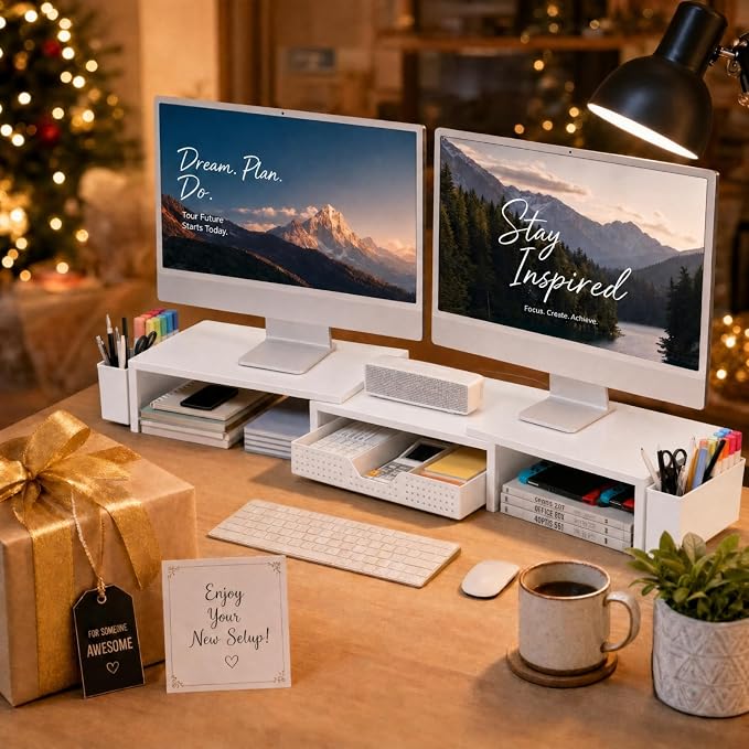 OPNICE Desk Organizers and Accessories, Dual Monitor Stand Riser with Drawer and 2 Pen Holders, Desk Shelf Computer Racks for Office Workspace Organizers, Desktop Organization (White)