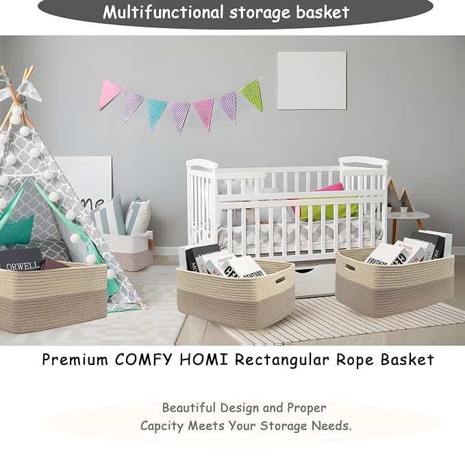 COMFY-HOMI Cotton Rope Woven Basket with Handles for Shelves,Toys,Book, Cloth Storage Baskets Bin for Organizing- 1 PCSToy Decorative Organizer for Living Room, Bathroom 17" x 13" x 7.5"