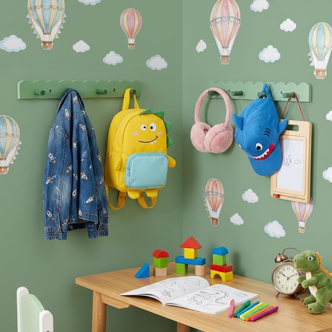 Leinuosen 2 Pack Scalloped Coat Rack Wall Mount Cute Nursery Wall Hook 16 Inch 8 Hooks Wooden Backpack Hanger for Toddler Kids Clothes Hat Towel Keys Bathroom Classroom Playroom Nursery Decor