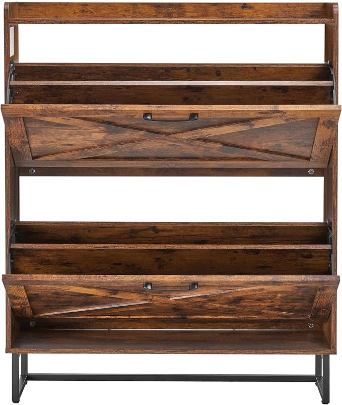 VEVOR Shoe Cabinet with 2 Flip Drawers, Farmhouse Shoes Storage Cabinet with Metal Legs and Anti-Tipping Device, Freestanding Shoe Organizer Ideal for Entryway, Hallway, Bedroom, Living Room, Brown