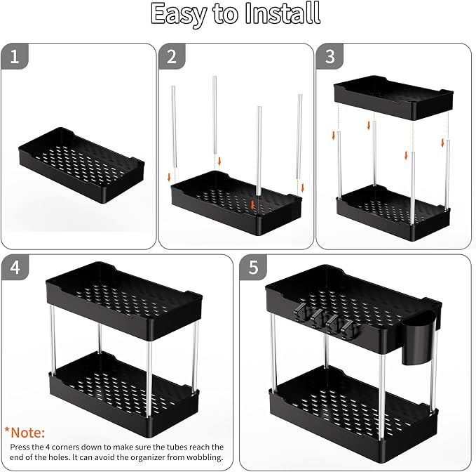 3 Pack Under Sink Organizer Bathroom and Storage Cabinet (Black) | 2 Tier with Hanging Cups for Kitchen