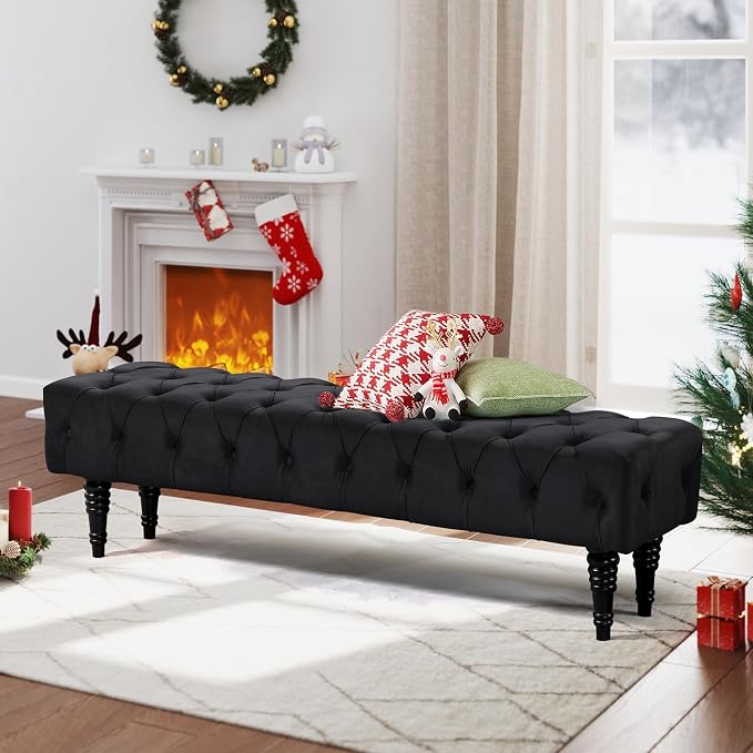 Upholstered Tufted Accent Bench, Linen Fabric Entryway Bench with Solid Wood Leg, Large Rectangular Foyer Bench for Front Door, Black