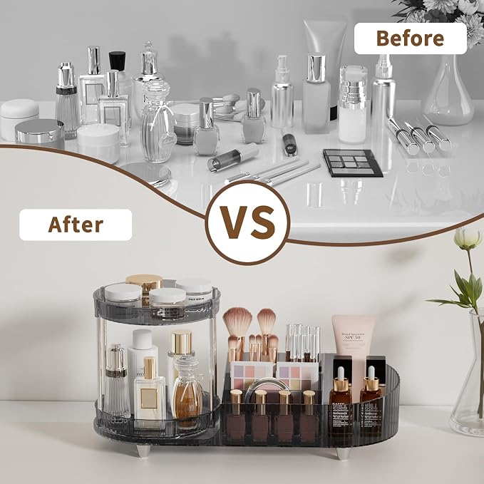 Makeup Organizer Countertop for Vanity, 360 Rotating Perfume Tray with 5-compartment Cosmetic and Skincare Organizers, Multi-Purpose Desk Storage Makeup Brush Holder for Bathroom Bedroom Counter