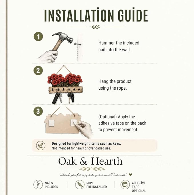 Oak & Hearth Wooden Key Holder for Wall – Rustic Poppy Flower Key Rack with 6 Hooks – Farmhouse Entryway Organizer & Wall Decor