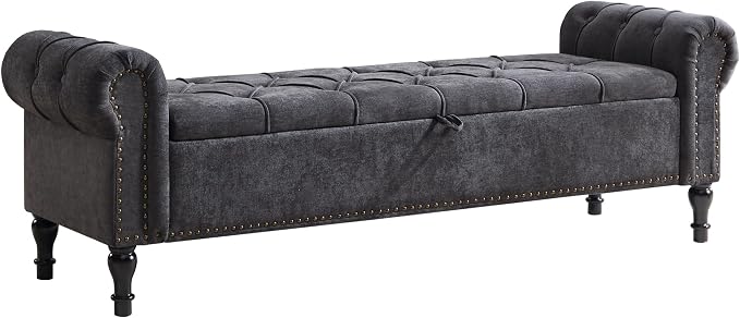 Storage Bed Bench for Bedroom, Chenille 67" End of Bed King Size Benches with Armrest, Tufted Button Upholstered Ottoman Bench for Living Room, Entryway, Dark Grey