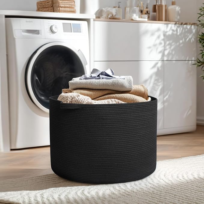 115L Super Large Black Blanket Basket, 23.6"x15.7" Woven Rope Bin for Storage, Oversized Kids Dog Toy Storage Box Bins, XXXL Blanket Holder for Living Room, Jumbo Wicker Basket for Organizing
