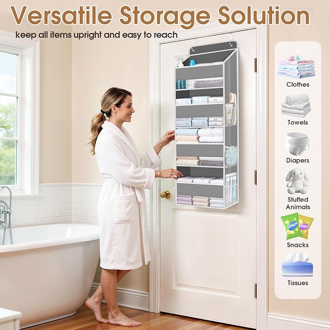 Over The Door Organizer Storage behind Door Hanging Organizer for Nursery | 4 Tier, 6 Side Pockets, Clear Window, Sturdy Construction, Space-Saving Storage for Closet, Bedroom, Bathroom & Nursery