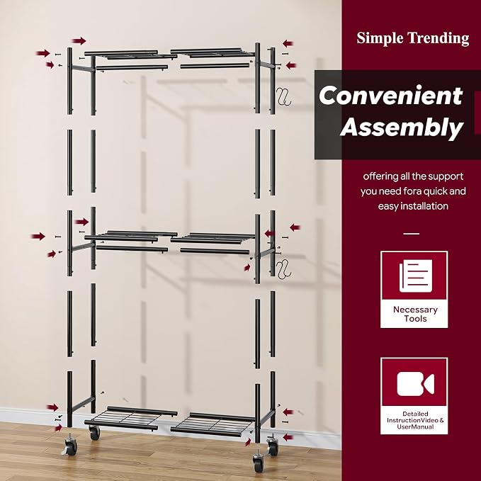 Simple Trending Clothing Rack, Portable Closet, Clothes Rack, Black | Wardrobe Closet with Mesh Shelves & Hooks, Metal Garment Rack, 360° Lockable Wheels, Multi-Functional, for Bedroom, Laundry