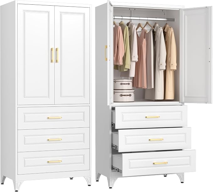 Polup 71" White Metal Armoire Wardrobe Closet with Doors and 3 Drawers | Freestanding Tall Steel Clothing Storage Cabinet, 180lbs Adjustable Shelves, Hanging Rod, for Bedroom, Office, Laundry