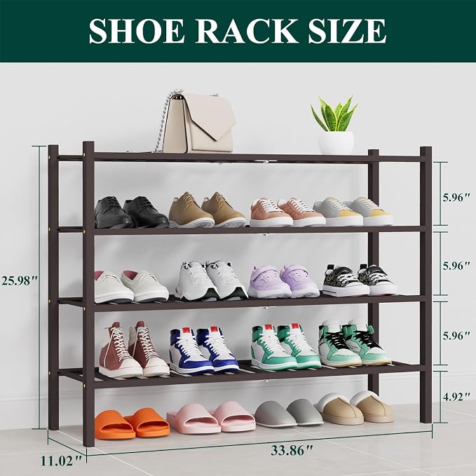 Smiry Bamboo Shoe Rack, 14 Vertical Slats, 4 Tier - 33.7" Wide, Brown | Stackable Free Standing Wooden Shoe Organizer, Wood Shoe Storage Shelf for Closet, Entryway, Thicher Leg