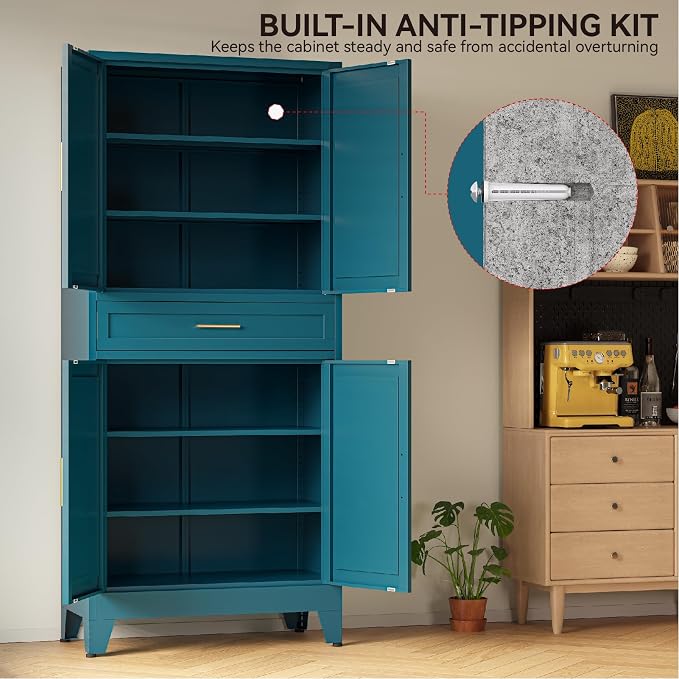 COFaR 71" Metal Pantry Cabinet with Drawer, Peacock Blue Storage Cabinet with Adjustable Shelves, 3-Section Modern Statement Cupboard for Kitchen & Bathroom