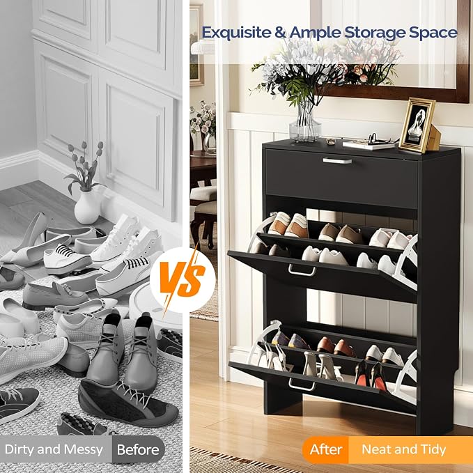 VINGLI Set of 2 Shoe Cabinets Storage for Entryway,2-Pack,Black | 16–24 Pairs,Skirting Board Cutout,Drop-Down Drawer,9.4"D Slim,Modern,2 Flip Drawers,Adjustable & Removable Shelf