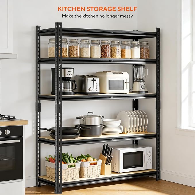5 Tier Garage Shelving, Adjustable Heavy Duty Garage Shelves | 72 "H Metal Storage Shelves Unit for Basement,Warehouse,Pantry Kitchen