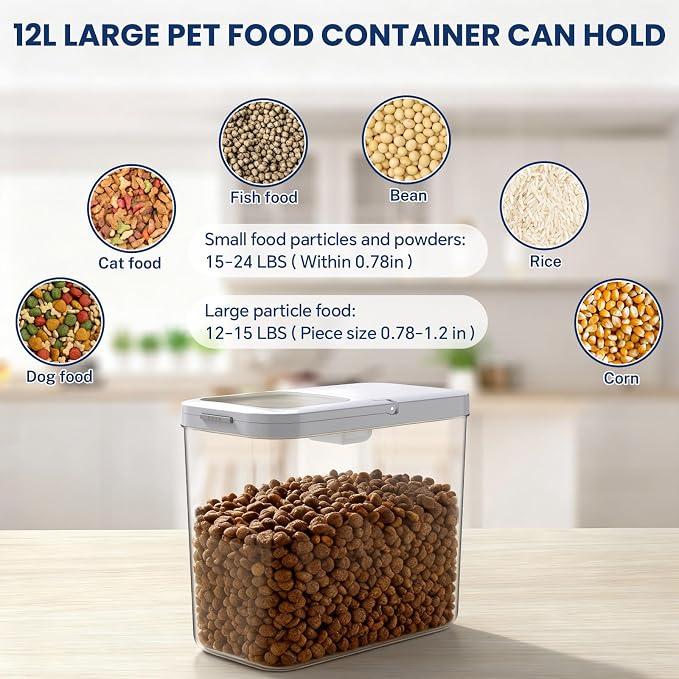 LEAWALK 12 Lbs Airtight Dog Cat Food Storage Container and Dog Treat Containers BPA-Free, PET Clear Stackable Pet Storage Bin, 1-Cup Scoop, 1-Sponge cleaning brush, Pop Top, With handle, Easy Mobility