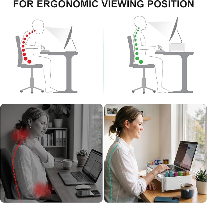 WALI Computer Monitor Stand with Storage, Desk Organizer with Drawer and Pen Holder, Desk Monitor Riser 3 Height Adjustable, Laptop Riser for Computer, Laptop, Printer(PTT003-M), 1 Pack, Marble