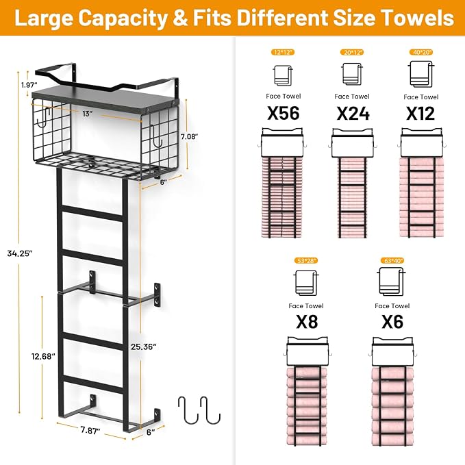 Towel Racks for Bathroom Black, 34IN Rolled Towel Holder, Towel Rack Wall Mounted with 2 Pack Shelf and a Wire Basket, Bathroom Towel Storage and Organizer, Sturdy Metal & Wood
