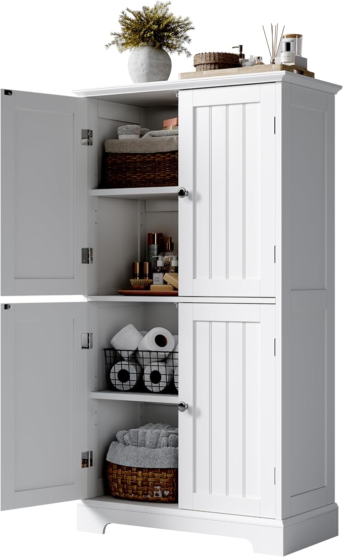 ChooChoo Bathroom Floor Cabinet with Adjustable Shelves | Bathroom Storage Cabinet, 4 Doors, Freestanding Cupboard for Living Room, Kitchen Pantry, White