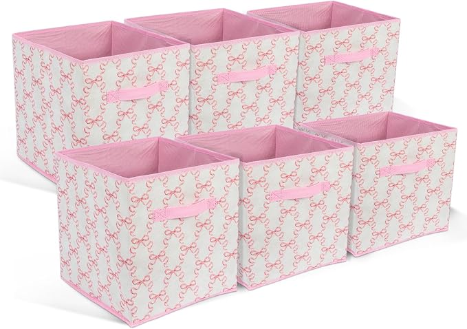 6 Pcs Pink Bow Cube Storage Bins 12.5 Inch Storage Basket with Handle, Cute Girls Organizer Basket, Collapsible Fabric Box for Classroom Bedrooms Office Home Decoration (Bow)