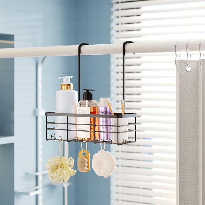 HapiRm Hanging Shower Caddy Organizer - No Drilling Shower Organizer with Hooks, Rustproof & Waterproof 304 Stainless Steel Bathroom Shelves - Black (1 Basket)