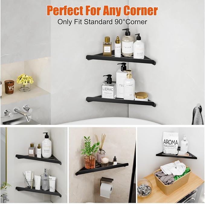 Fikoksol Shower Caddy Storage, Triangle Corner Shelf with Adhesive Glue | Metal Bathroom Shelf Storage, Adhesive or Screw Wall Mounted Corner Shower Rack, Black Rustproof Bath Organizer Accessory