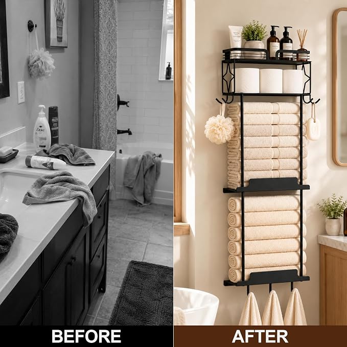 Towel Racks for Bathroom 39.9 Inch Wall Mounted Towel Rack with Shelf, Bathroom Towel Storage Holds 6 Large Rolled Towels, Metal Wall Towel Rack, Black