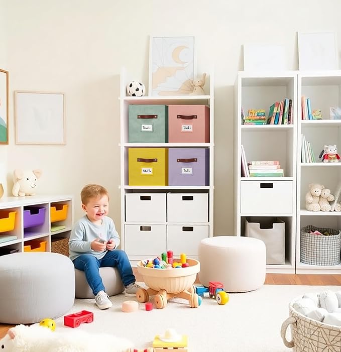 DECOMOMO Storage Bins, Storage Baskets for Shelves | 13" x 15" x 13" Storage Cube Bins with Labels for Organizing Shelves (Kallax, 4pcs, Rainbow)