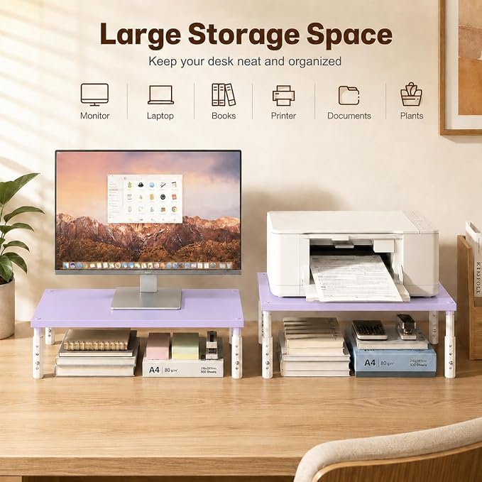 Desk Organizers and Accessories, Adjustable Computer Monitor Stand Riser, Laptop Stand, Office Desk Accessories & Workspace Organizers for Women, Purple Wood