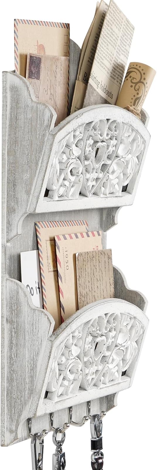 Key and Mail Holder for Wall, 2-Slot Mail Organizer Wall Mount 4 Key Hooks | Retro Hollowed-out Pattern Wooden Farmhouse Key Hangers Wall File Organizer Letter Sorter, Key Rack for Entryway Home Decor
