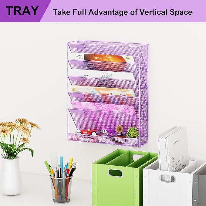 Wall File Organizer Holder Mesh Hanging Paper Document Holder, Vertical 6 Pocket Tier for Office Home, Light Purple