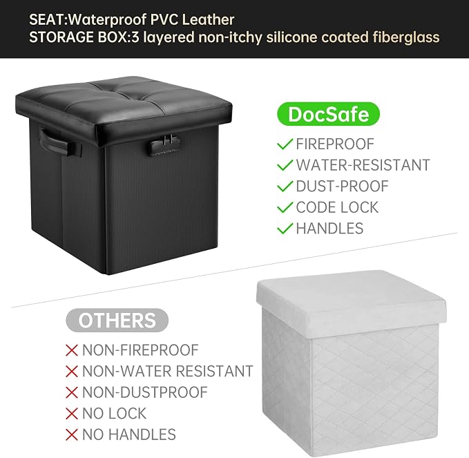DocSafe Storage Ottoman with Lock,Fireproof Folding Ottoman Foot Rest Stool Storage Chest with Storage Safe for Important Documents,Waterproof 13 Inches Short Ottoman Foot Stool with Handles,Black