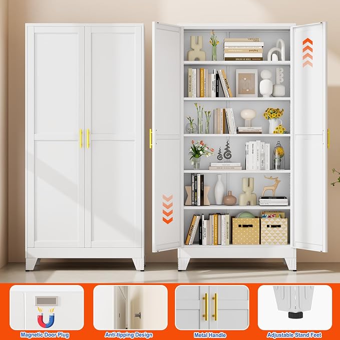 GAIOUS 75'' Tall Metal Garage Storage Cabinet,File Cabinet with 2 Doors and 5 Adjustable Shelves, Outdoor Steel Tool Cabinet for Home,Office,Warehouse,Garage,White