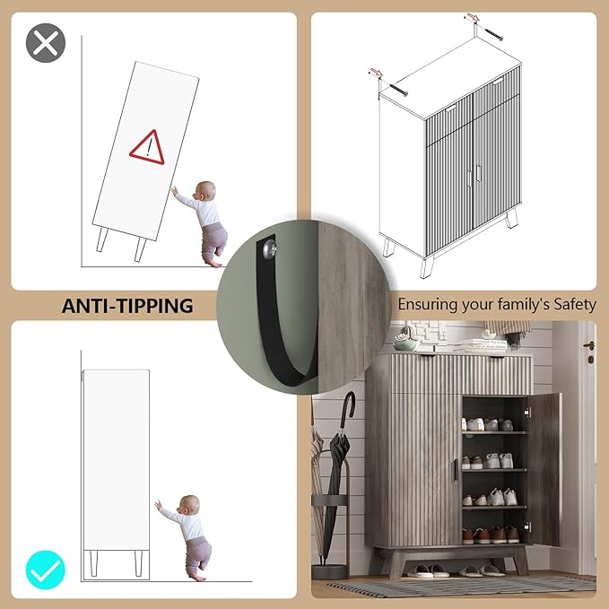 HUANLEGO Shoe Cabinet Storage for Entryway with Doors, Grey | 4 Tier Fluted Shoe Organizer with 2 Drawers, Shoe Storage with Adjustable Shelves, Freestanding Hidden Shoe Rack for Entryway