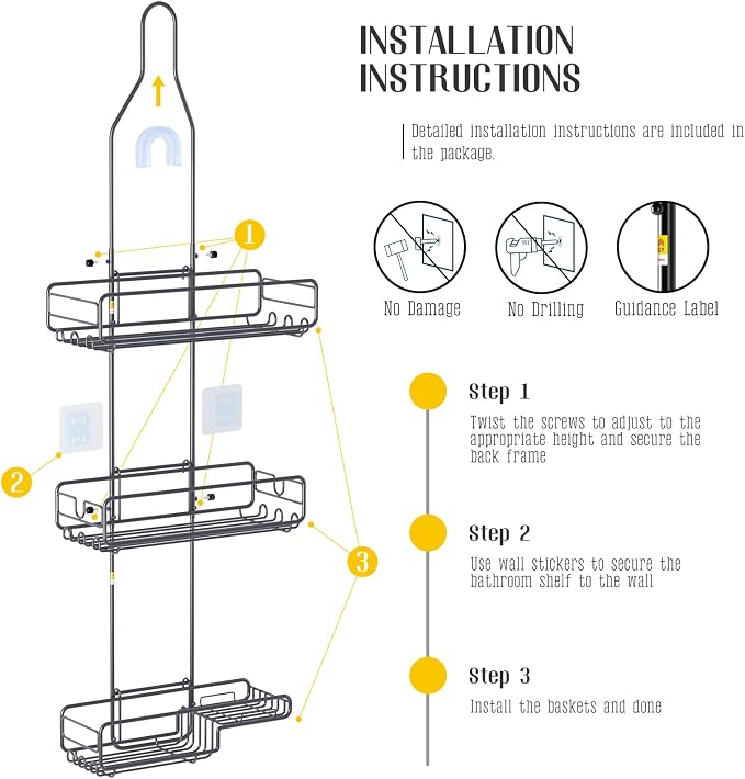 Skyapex Shower Caddy Hanging Bathroom Organizer: Over Head Adjustable Rack for Tall Showerhead - Extra Large Storage Shelf for Big Shampoo Bottles with Soap Holder (Grey)
