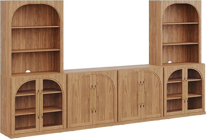 BELLEZE 6-Piece Modular TV Stand Set - 2 Double-Arc Wood Door Sideboards, 2 Arched Glass Door Sideboards, 2 Hutch Cabinets, Classic Modern Media Console with Adjustable Shelves for Living Room, Camel