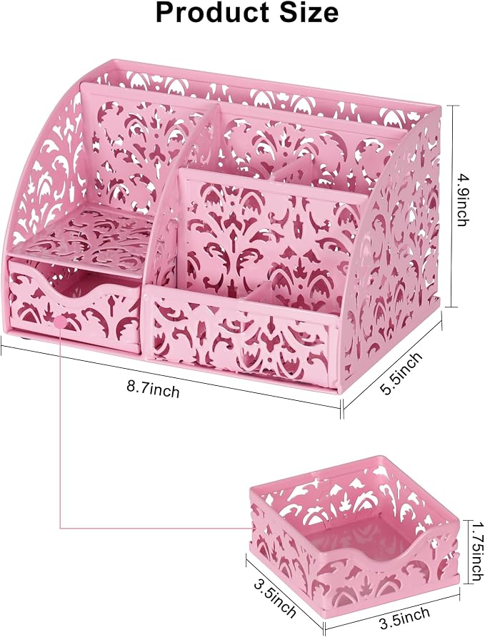 EasyPAG Desk Organizer and Pen Holder for Desk, Mesh Office Supplies Storage Caddy with Drawer for Small Space, Desktop Organizer for Home Office, Pink