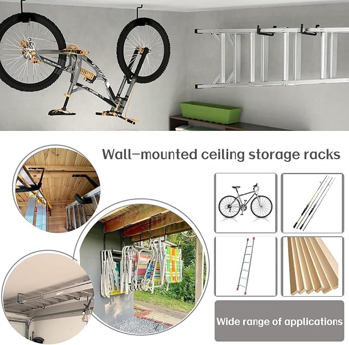 6pcs Overhead Garage Storage Rack, tility Ladder Hangers, Ceiling Mounted Garage Hooks for Lumber Bike Tools(9.45 x 12.6 Inch)