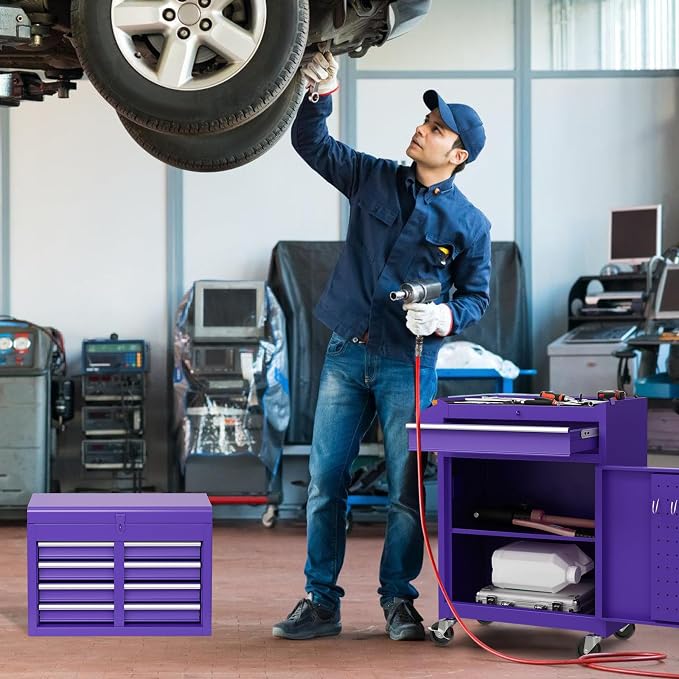 Goplus Purple Tool Chest, 5 Drawers Rolling Tool Cabinet w/Detachable Top Toolbox, Universal Lockable Wheels,Lock Bar,Protective Liner,Tool Rack, Metal Tool Storage Cart, Tool Box for Garage Workshop