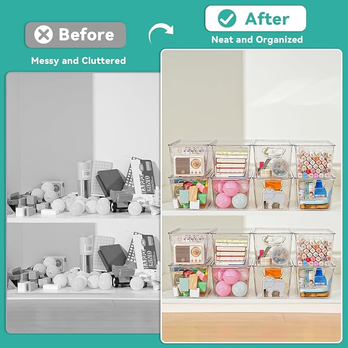 6 Pack Small Clear Storage Bins with Lids, Acrylic Arts and Craft Storage Containers, Stackable Clear Plastic Craft Storage Bins with Handles for Classroom Storage Organization,Kitchen, Fridge, Office
