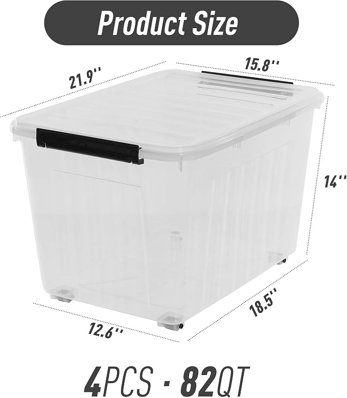 Citylife 82 Quart Large Clear Plastic Storage Bins with Lids 4-Pack | Stackable, Secure latching lids, Easy Find, Clothes Storage Bins for Closet Bedroom Garage