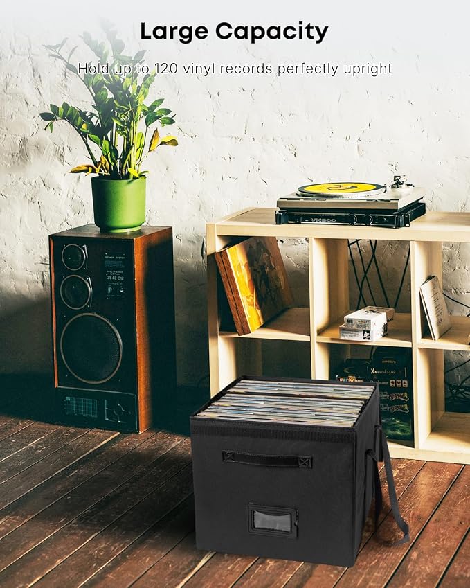 Uniclife Vinyl Record Storage Box with Lid & Handles | Collapsible, Splash-Resistant Album Storage Crate for 80 Single Records (12"), Black, 13" × 13" × 13"