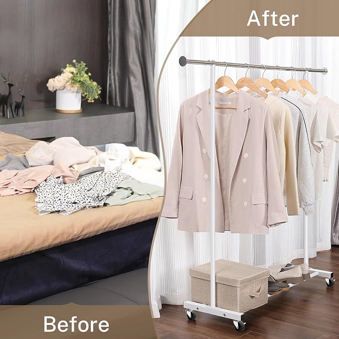 VICERII Clothes Rack, 130LB Capacity Heavy Duty Clothing Rack with Wheels and Bottom Shelf, 52.17 Inch Rolling Racks for Hanging Clothes, Coats, Shirts, Sweaters, Skirts, Dress, White