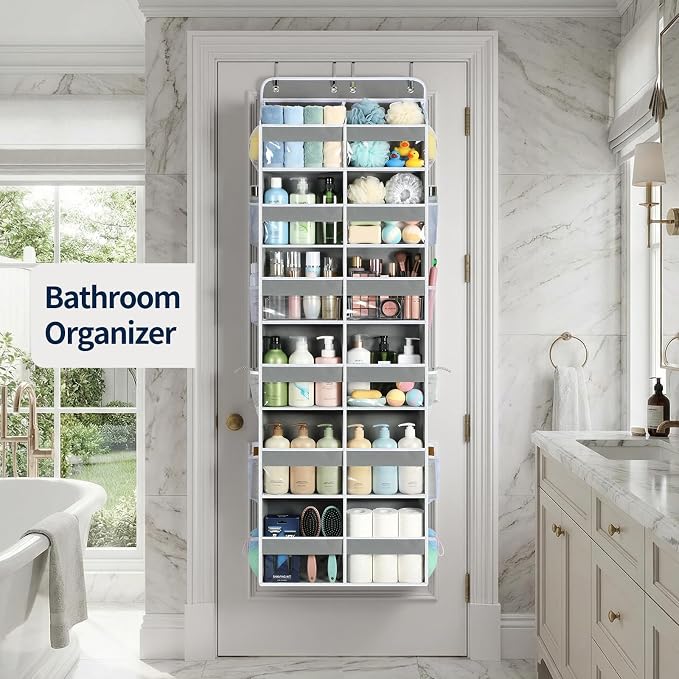 Yecaye Over The Door Organizer, 6 Tier Extra Large Behind Door Storage of 12 Compartments, 80lbs Heavy Duty Door Organizer Hanging with Clear Window for Closet Bedroom Pantry Bathroom, Grey