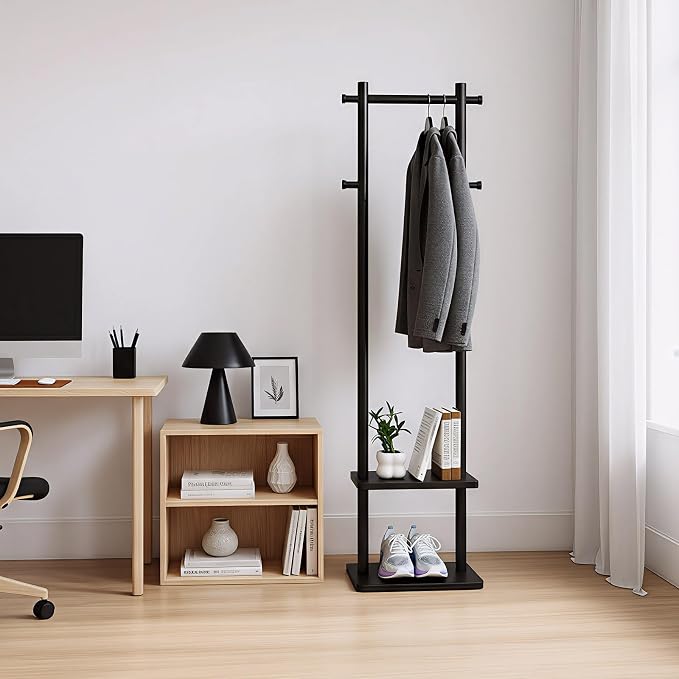 Coat Rack,Freestanding Hall Tree for Entryway Home Bedroom Office,Sturdy Wooden Coat Hanger Stand for Clothes Jacket Hats Bags(Black)