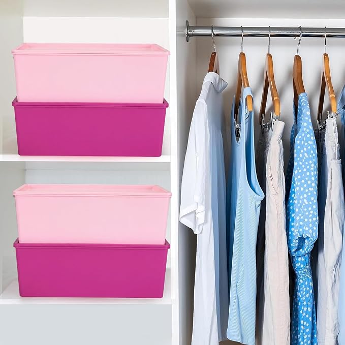 6 Pcs Large Plastic Storage Bins with Lids 14.4 x 10.4 x 5.1 Inch Stackable Storage Containers Decorative Cubby Organizer for Clothes Shelves Garage Closet Office (Pink Series)