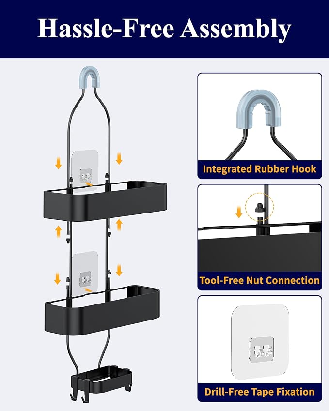 Kitsure Shower Caddy Hanging, No-Drill Bathroom Shelves, Black, 28.5" H | Bathroom Organizers and Storage, Wobble-Free Shower Organizer with Adhesive Tapes, Rust-Proof Shower Storage for Toiletries