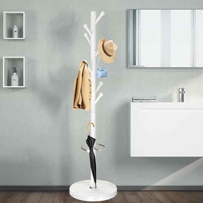 OIRUMIE Coat Rack,Metal Coat Rack Frestanding,White Coat Stand for Entryway | Coat Rack Stand with Marble Base & Umbrella Holder,Modern Coat Hanger Stand,Coat Clothes Tree Stand for Hallway