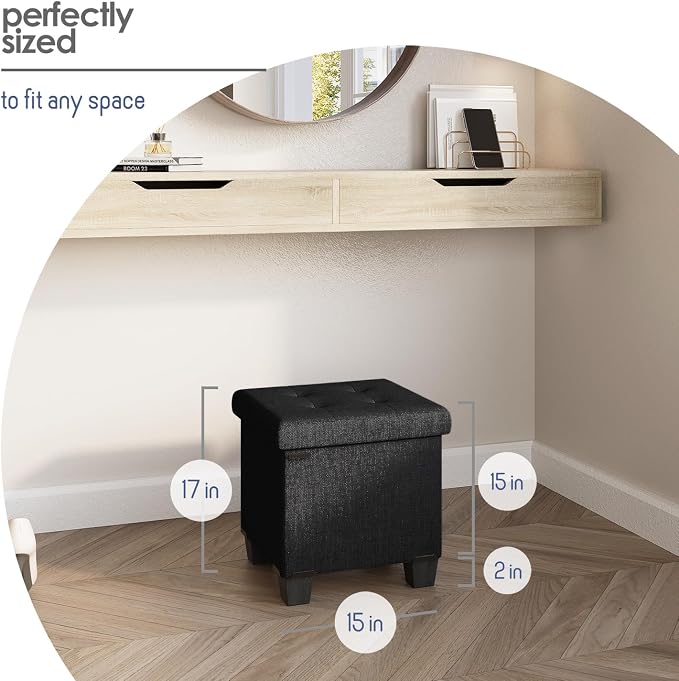 Storage Ottoman Cube with Small Bin, 15-in Square Ottoman with Storage for Living Room and Bedroom, Small Ottomans Foot Rest, Fabric Foot Stools Ottomans Max 330lbs, Black