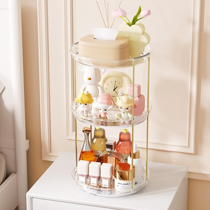 Delamu 3 Tier Rotating Makeup Organizer for Vanity, Bathroom Counter Organizer with Stackable Design, Spinning Skincare Organizer for Bathroom Countertop, Perfume Cosmetic Storage, Clear