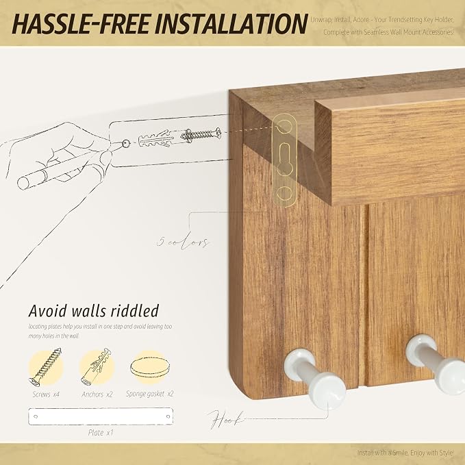 Rebee Vision Key Holder Wall Mount with 7 Hooks for Apartment, Light Brown | Key and Mail Holder for Wall, Floating Shelf, Mail Sorter, key Hanger, Apartment Essentials, Home Decor, Decorative Storage